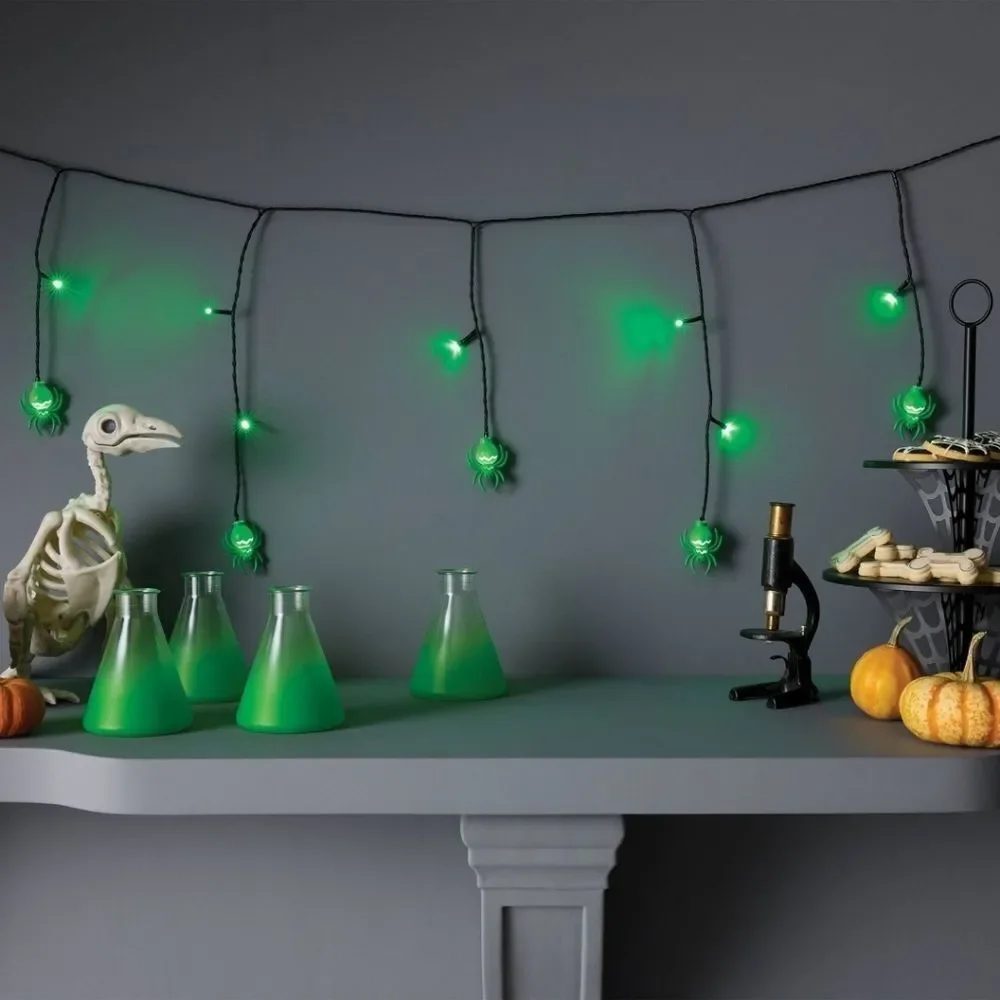 20ct Plastic Die Cut Spider Indoor Outdoor Novelty Icicle String Lights Green